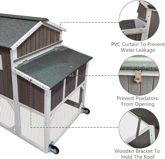 Chicken Coop Mobile Wooden Hen House with Nesting Box,191" L Outdoor Chicken House with Wheels and Removable Tray,Fir Wood Chicken Tractor with 6 Ventilation Door and Ramp-Grey(2 Sets)