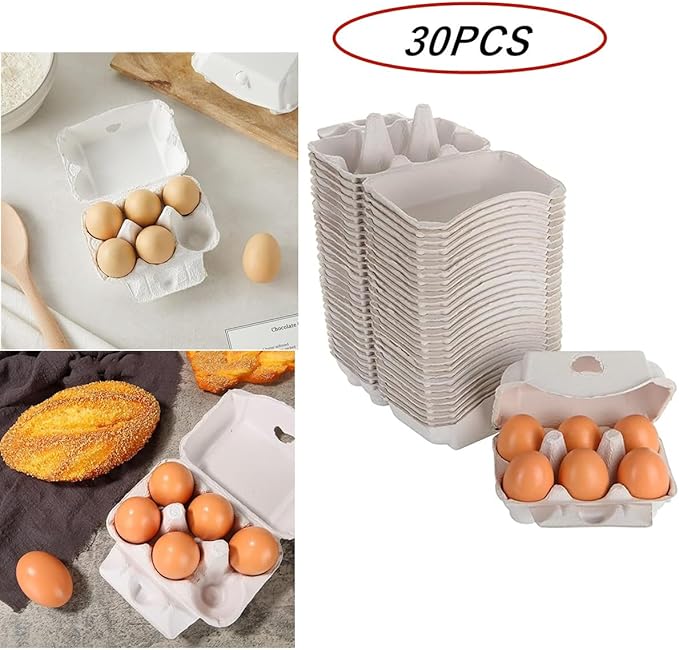 30 Pack Blank Natural Pulp Egg Cartons, Reusable 6 Count Eggs Holder Container for Chicken Eggs Bulk Vintage Half Dozen Empty Egg Cardboard Paper Cartons