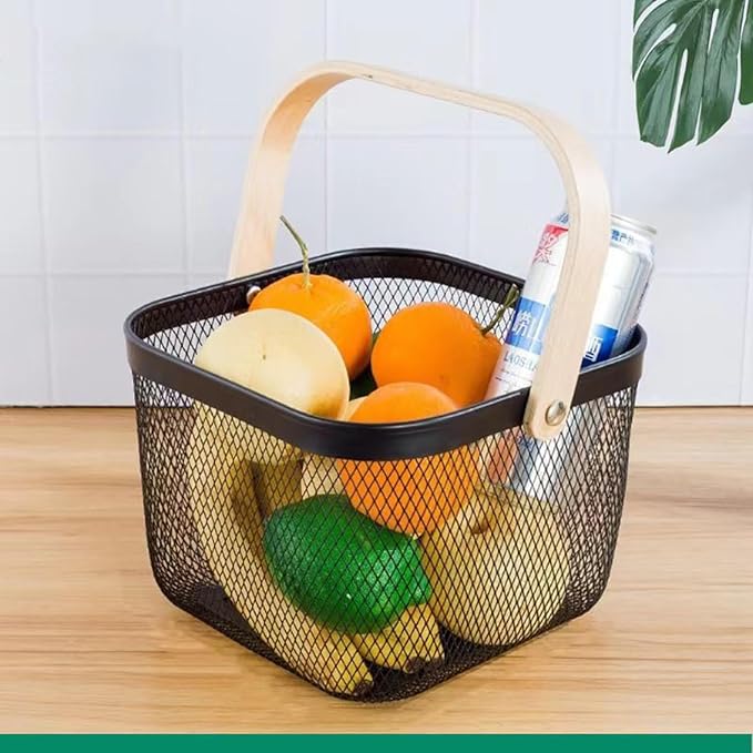 Metal Mesh Wire Basket, Small Steel Basket with Wooden Handle Storage Organizer Basket Multi-functional Hanging Kitchen Baskets Fruit Baskets for Kitchen Bathroom Cabinet Pantry Snacks, Black
