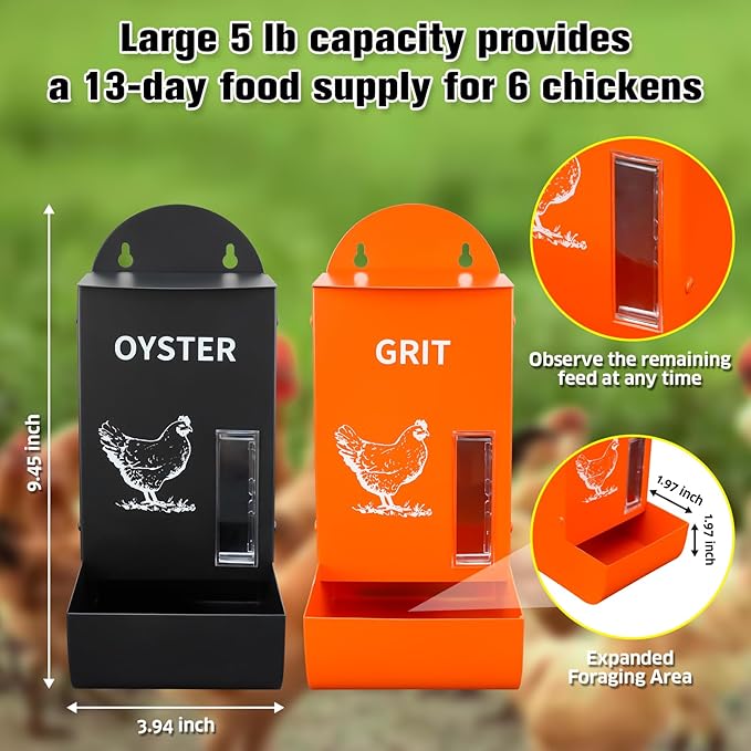 2Pack Automatic Chicken Grit & Oyster Shell Feeder with Rain Cover, Gravity-Fed Metal Poultry Feeder Trough for Coop, Outdoor Use