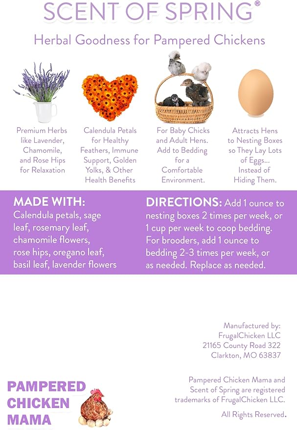 Pampered Chicken Mama Nesting Herbs for Backyard Chickens 8 pounds - Scent of Spring - Keep Laying Hens Happy, Healthy and Relaxed