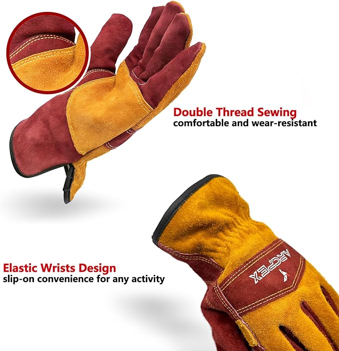 Leather Work Gloves for Men, Heavy-Duty Welding Gloves XL for MIG TIG Welding, Gardening, Construction, Farm, Wood Chopping Cowhide with Cotton Liner Safety Thorn Proof Gloves Hand Protection