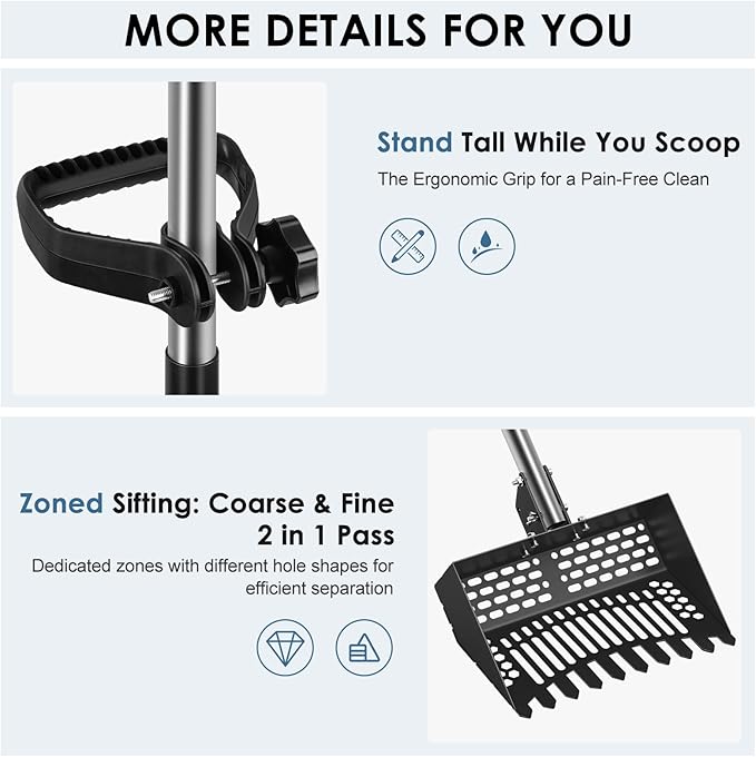 Zoned Sifting Chicken Manure Scoop - 3-in-1 Rake & Sifter with Adjustable Stainless Handle Chicken Poop Shovel for Stand-Up Coop Cleaning, Cat Litter, Beach Sand & Horse Stall, Black