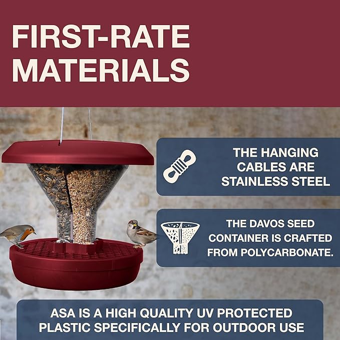 SWISSINNO Bird Feeders - No Mess Hanging Bird Feeder for Outdoors - Smart Birds Davos Spill Proof Wild Cardinal & Small Bird Feeder with Integrated Seed Catcher Tray - Dual Chamber - Burgundy