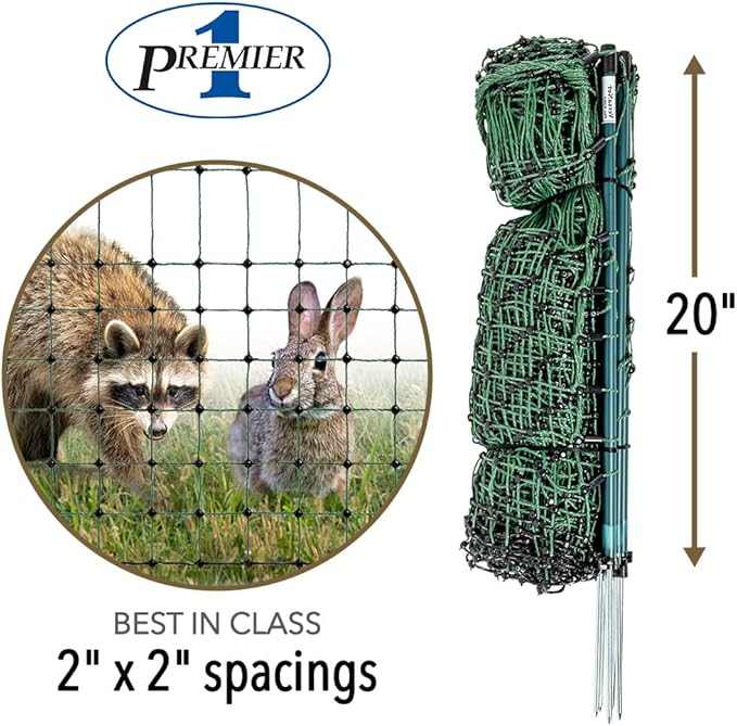 Premier 1 VersaNet® Plus, 20"H x 100'L Electric Garden Fence Starter Kit | 2" Strand Spacing at Bottom Keeps Varmints Out | Includes: Solar Energizer, FiberTuff™ Support Posts and Tester | Green/Black