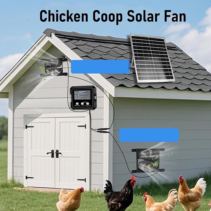 Chicken Coop Solar Fan, Durable Chicken Coop Ventilation Fan with Timer Function, Smart Sensing System, Strong Exhaust Fan with Solar Panel for Chicken Coops Greenhouses