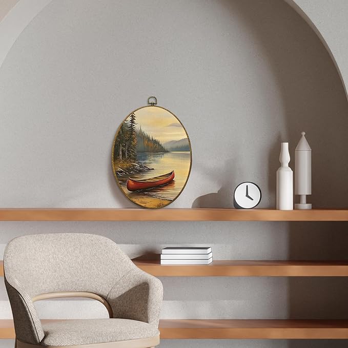 CUANFDDSF Vintage Rustic Lakeside Boat Oval Wall Art Decor, Farmhouse Country Wall Hanging Decor, Retro Countryside Landscape Framed Canvas Prints for Home Bedroom Living Room, 8.6x11.4 Inch