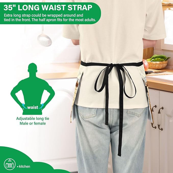 Server Apron with 3 Pockets, Farmer with Bales 12 Inch Waist Apron for Waiters Gardeners, Waterproof Half Apron Waitress Apron