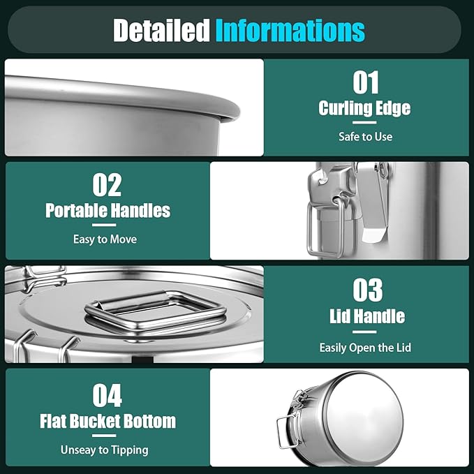 304 Stainless Steel Airtight Canister, 3.2Gal Canisters Container with Lids, Bucket Food Storage Containers Airtight for Rice, Flour, Grain, Coffee Bean (12L)