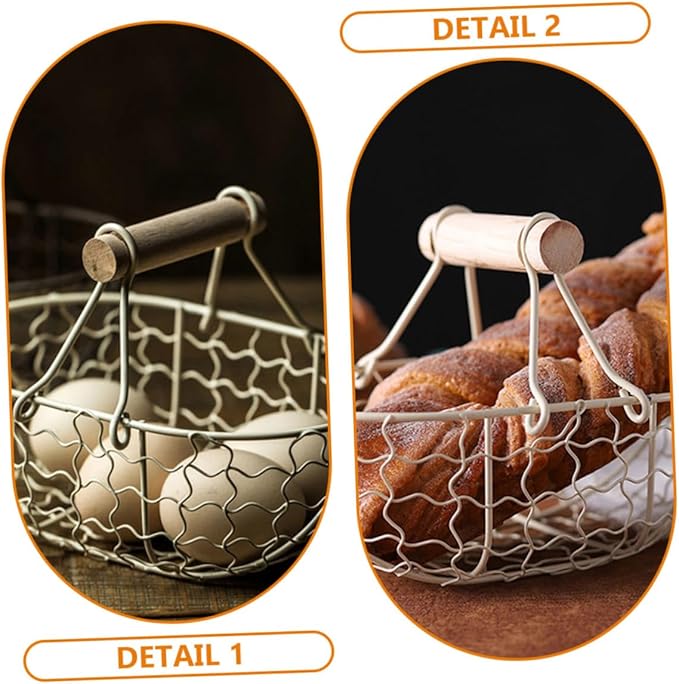 2pcs Rustic Iron Wire Basket with Wooden Handle, Multi-function Farmhouse Style Countertop Fruit and Egg Storage Organizer for Kitchen and Pantry