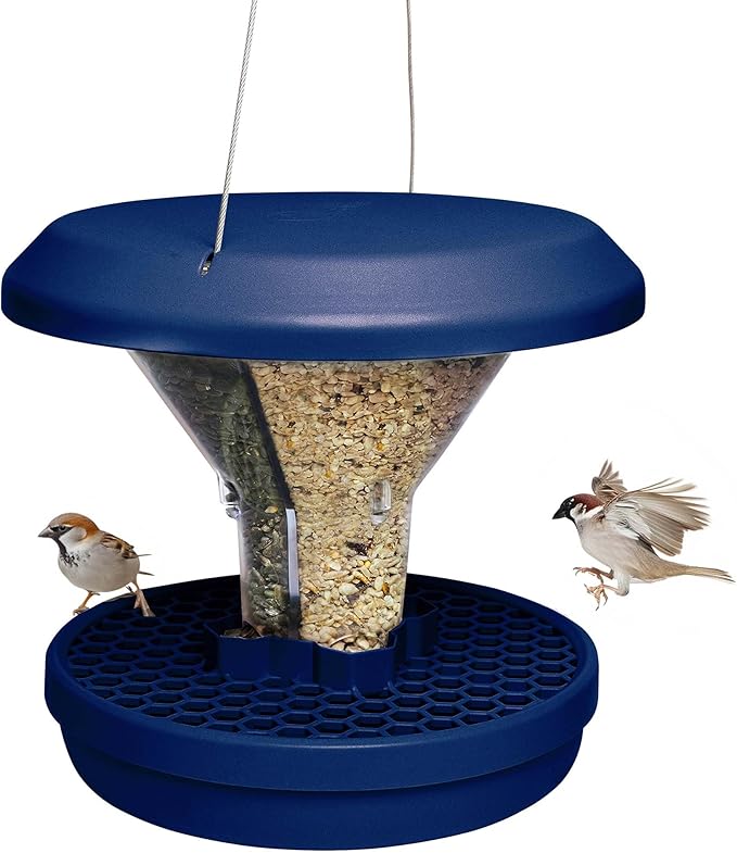 SWISSINNO Bird Feeders - No Mess Hanging Bird Feeder for Outdoors - Smart Birds Davos Spill Proof Wild Cardinal & Small Bird Feeder with Integrated Seed Catcher Tray - Dual Chamber - Indigo