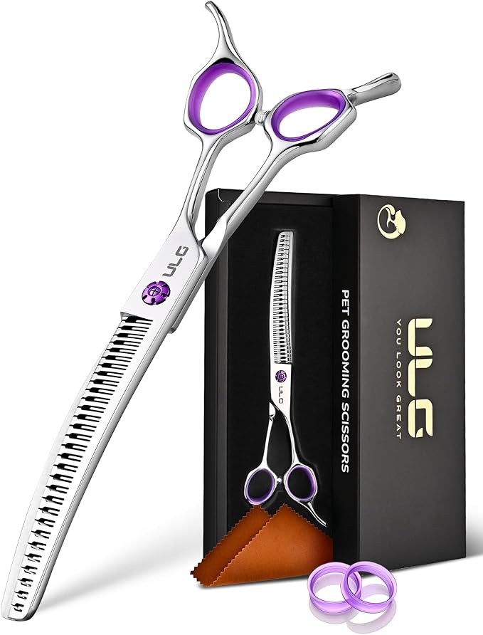 ULG 7.5” Dog Grooming Chunker Shears – 30° Curved Pet Grooming Scissors, Japanese 440C Stainless Steel, 30 Comb & Chunker Teeth, 60% Thinning Rate, Reversible Butterfly Handles for Face, Nose & Body