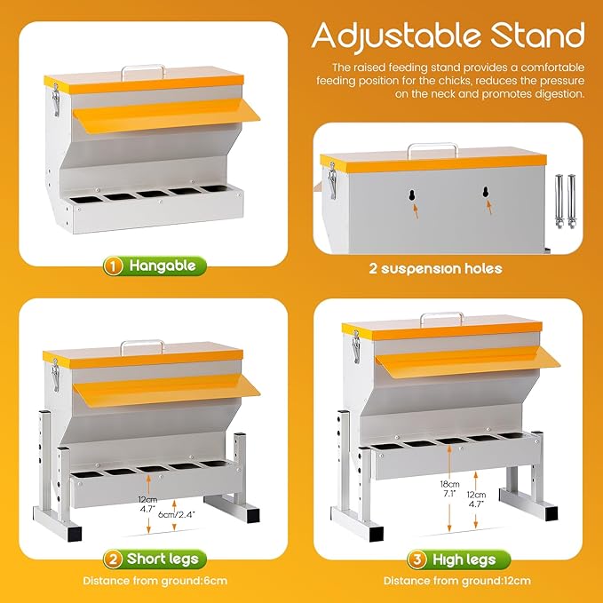16L Metal Chicken Feeder, Adjustable Poultry Feeder with 5 Ports, Large Capacity Chicken Feeder No Waste for Chickens Ducks Turkeys