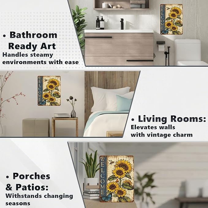 Vintage Sunflower Tin Sign Welcome Retro Garden Metal Sign Rustic Nostalgic Wall Decor For Home Garden Plaque Yard Bar Farmhouse Porch Living Room Cafe Kitchen 16 * 12 In