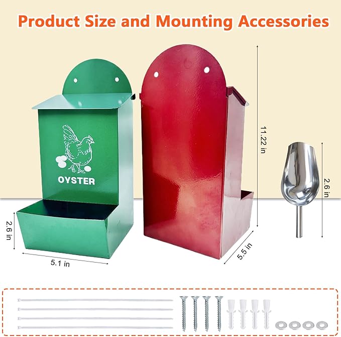2 Pack Chicken Feeder,Large Capacity Oyster Shell Feeder with Lid,Metal Chicken Grit and Oyster Shell Feeder with 1 Scoop,Heavy-Duty Chicken Coop Accessories Rust Proof