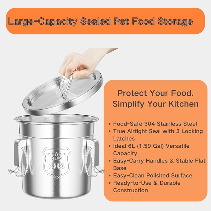 Stainless Steel Dog Food Storage Container 6L/1.59Gal Airtight Pet Food Storage Container with Lid to Keep Fresh Large Pet Food Storage with 3 Locking Latches for Cat Food Chicken Feed Rice Easy Clean