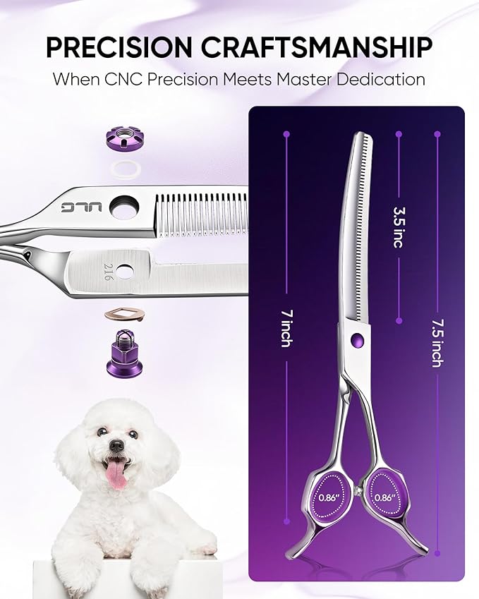 ULG 7.5” Dog Grooming Thinning Shears – 30° Curved Pet Thinning Scissors, Japanese 440C Stainless Steel, 60 V-Shaped Teeth, 25% Thinning Rate, Reversible Butterfly Handles, for Face, Nose, Eyes & Coat
