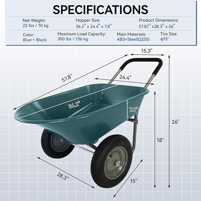 Dual Wheel Garden Wheelbarrow,Heavy Duty Yard Cart with 10“/15" Pneumatic Tires, Rustproof Poly Tray & Steel Handle, 300 lbs Capacity Utility Cart for Lawn, Farm, and Landscaping (Green-15“)