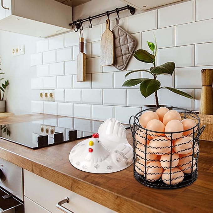 Hiceeden Metal Wire Chicken Egg Storage Basket, Decorative Fresh Egg Holder with Ceramic Chicken Design Lid, Portable Round Collectiong Basket for Kitchen Supplies, Pantry