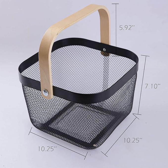 IBWell Square Metal Wire Woven Fruit Storage Bowl Basket with Wooden Handle, Large Black Mesh Fruit Stand, Multi-function Hanging Kitchen Baskets (Black, Normal 4PCS)