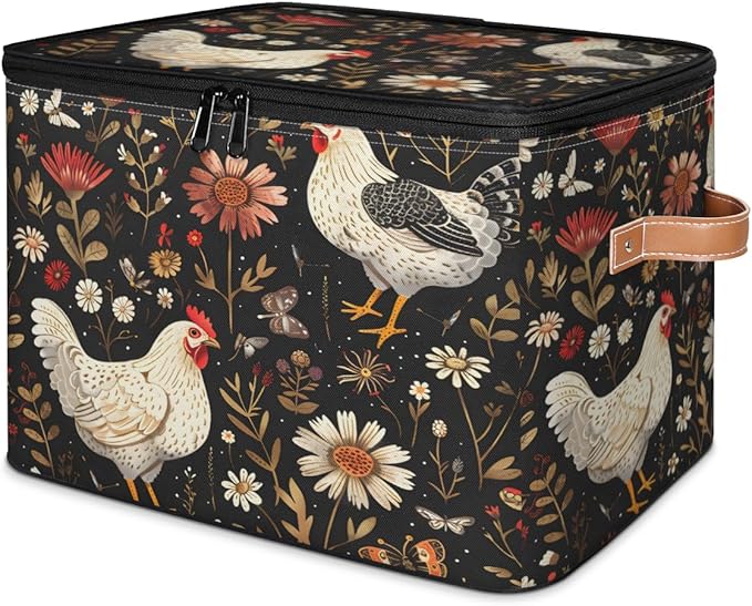 Farmhouse Chicken Storage Bins with Lids, Boho Wildflower Fabric Storage Boxes with Zipper, Collapsible Decorative Closet Organizer Cube for Clothes, Toys, Organizing, Shelves