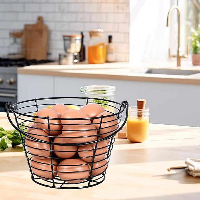 3 Pcs 8” Egg Collecting Basket for Gathering Fresh Eggs with Handle, Wire Baskets Metal Storage Basket for Carring and Transporting Chicken and Duck Eggs, Fruit Bin