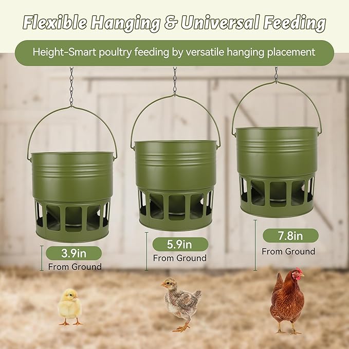KOL Hanging Chicken Feeder 20lbs Metal Chicken Feeder No Waste, Adjustable Poultry Feeder with 12 Ports, No Installation & Universal Height Design (Green)