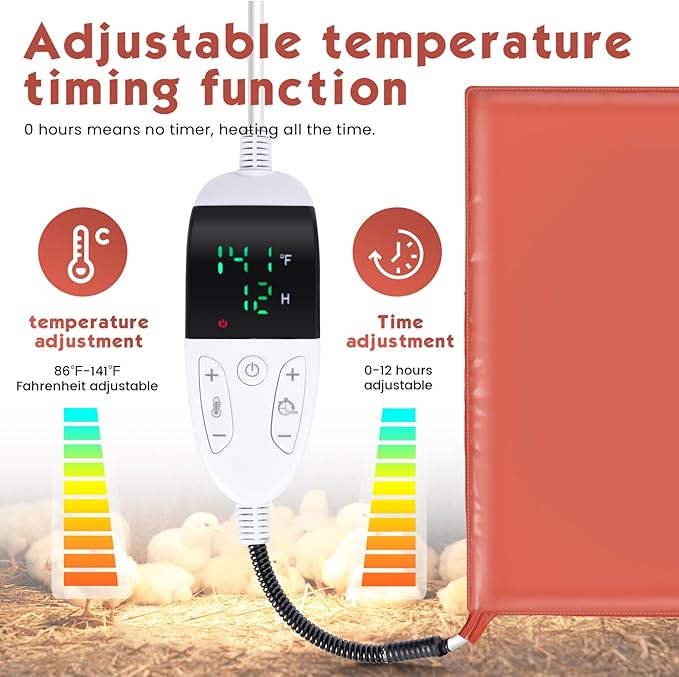 Large Chicken Heating Pad Chick Brooder Small Animal Pet Heating Pad Waterproof Heated Pet Mat Adjustable Temperature & Timer, Chicken Heater (15.7 x 23.6in)