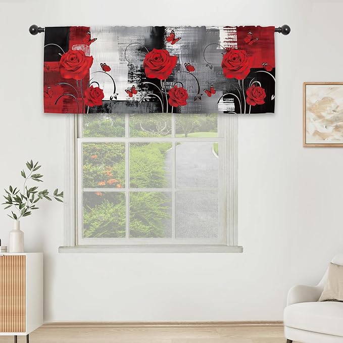 Black Red Rose Kitchen Curtain Valance 54W x 18L Inch Brushstroke Abstract Art Romantic Rod Pocket Short Cafe Small Window Treatment Drapes Decor
