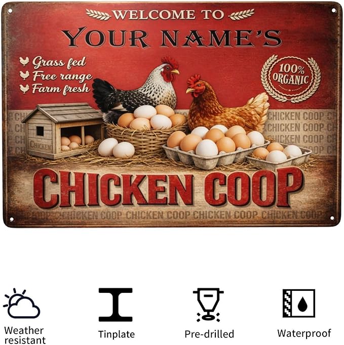 Custom Your Name Chicken Coop Sign Welcome To Your Farm Fresh Eggs Hens Personalized Metal Tin Plaque Vintage Rustic Wall Decor Barn Backyard Gift