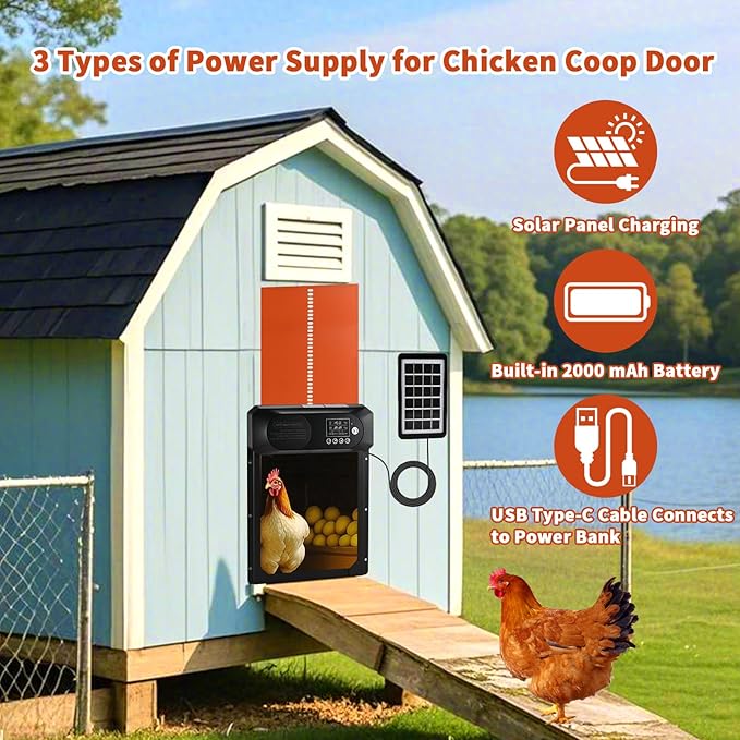 Automatic Chicken Coop Door Solar Powered with Remote Control, Auto Chicken Door with Timer & Light Sensor, Anti-Pinch Safety, Waterproof Aluminum Chicken Door with LED Display