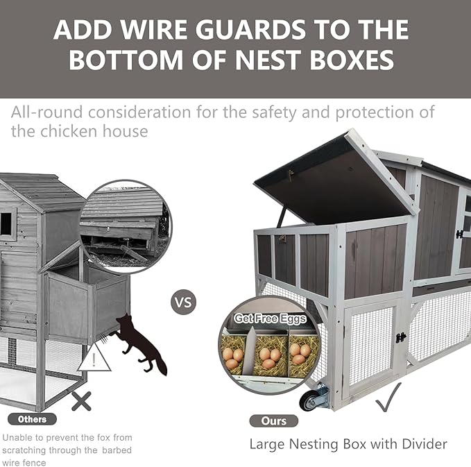 Chicken Coop Mobile Wooden Hen House with Nesting Box,95.3" L Outdoor Chicken House with Wheels and Removable Tray,Fir Wood Chicken Tractor with 6 Ventilation Door and Ramp-Grey