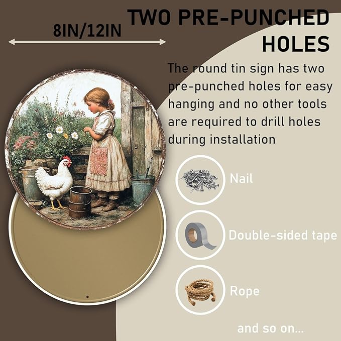 Funny Girl Chicken Rustic Round Garden Metal Signs Vintage Tin Sign Retro Wall Wreath Decor for Home Garden Yard Bar Cafe Farmhouse Garage Indoor Outdoor 8 Inch