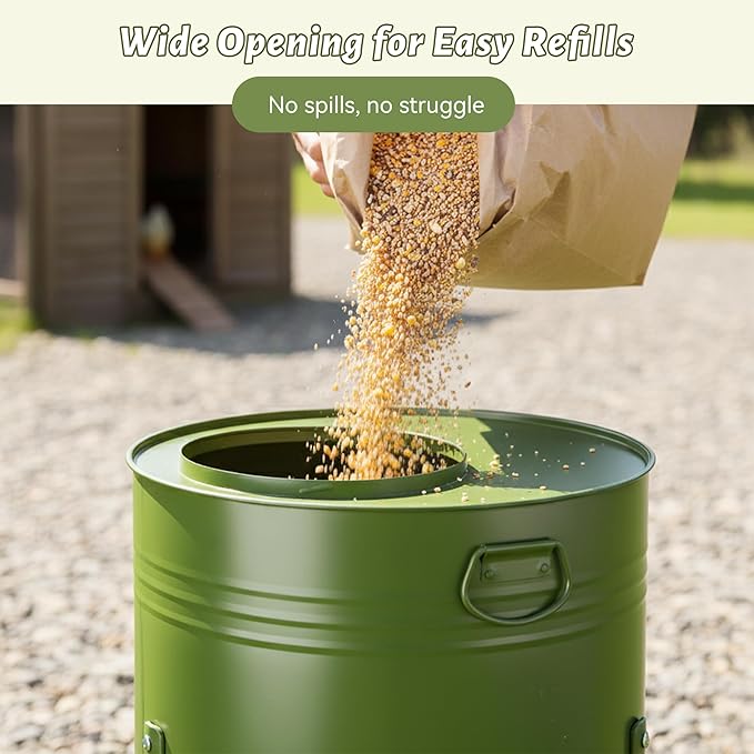 KOL Chicken Feeder No Waste for Coop & Outdoors, 16 Port 50lbs Poultry Feeder with Spill-Control Design, Rust-Proof Powder Coated Metal & Smooth Safe Edges (Avocado Green)