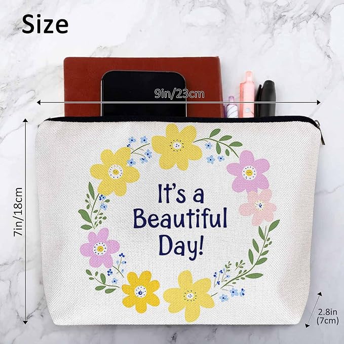 Makeup Bag Funny Quote Makeup Bags For Purse Pouch, Floral Wreath Travel Toiletry Bag Cosmetic Bag Makeup Bags Flax Makeup Organizer Bag Pencil Pouch For Man Woman It's A Beautiful Day