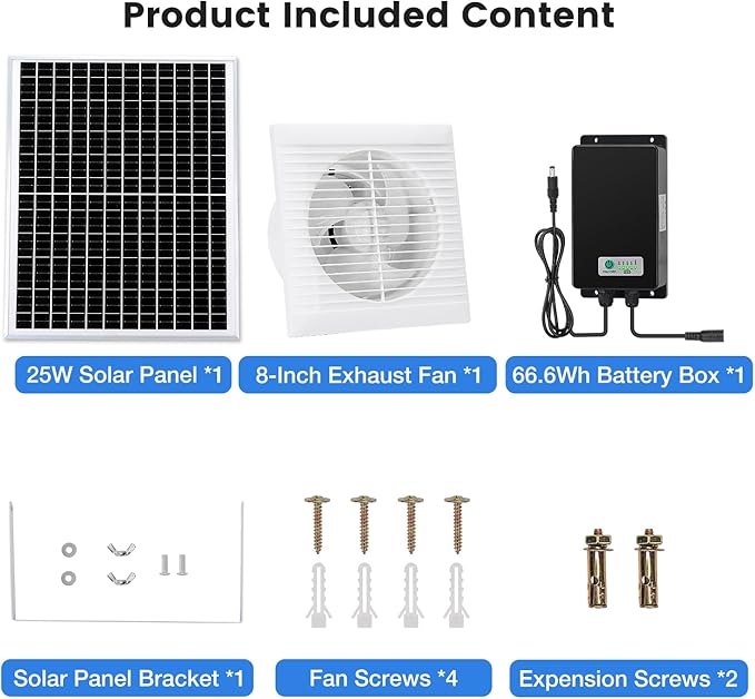 Solar Exhaust Fan, Solar Powered Vent Fan Kit for Outside Greenhouse Shed Chicken Coop (8" Fan with Battery)