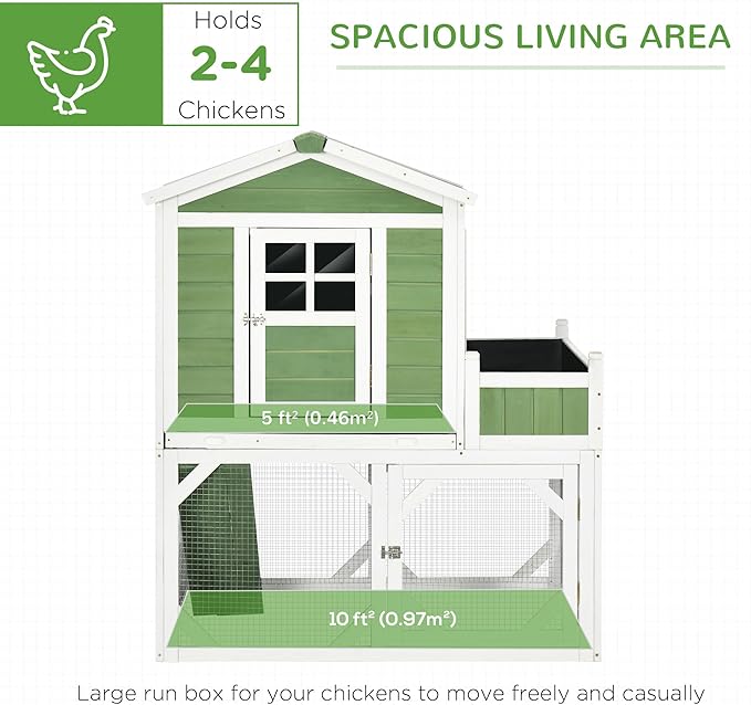 PawHut 49" Small Chicken Coop Hen House with Garden Space, Chicken House Outdoor Run Cage with Weather Protection, 2-4 Birds, Green