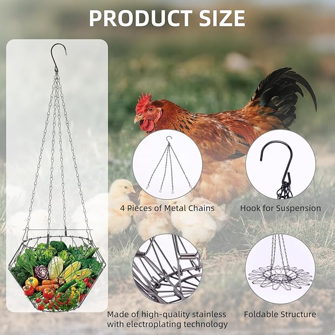 2 PCS Hanging Chicken Feeder Foldable Poultry Vegetable & Fruit Feeder Basket with Adjustable Chain, Durable Iron Wire Chicken Toys for Coop 2 Pack M