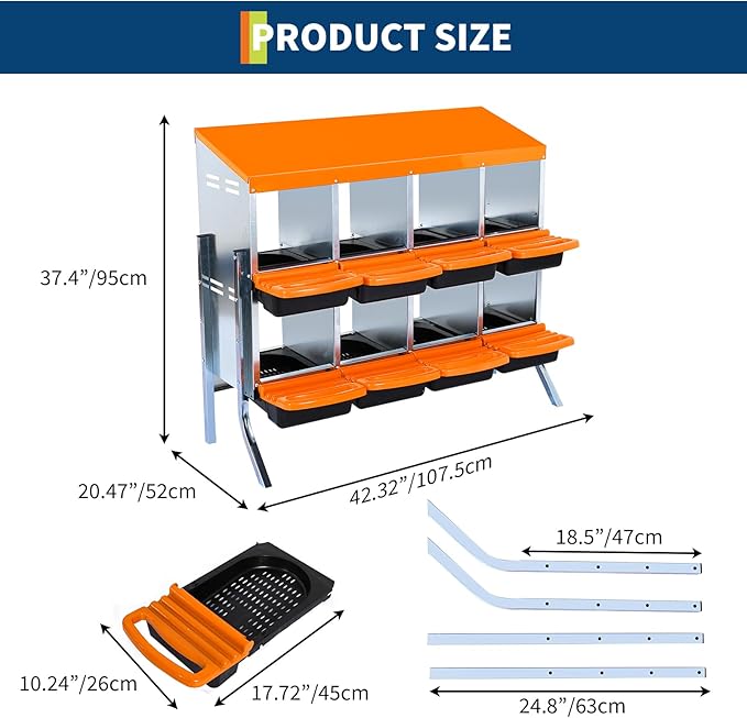 8-Hole Chicken Nesting Box, Roll Away Nest with Removable Tray, Rustproof Galvanized Steel, Easy Egg Collection & Cleaning, Wall-Mount Design - Orange