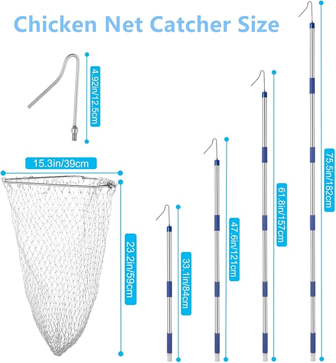 Chicken Catching Net，Adjustable 29-74 Inch Chicken Catcher Leg Hook Tool Kit,Long Handle Animal Catcher Pole Suitable for Catching Small Duck,Goose,Bird, Skunk Bat and Fishnet etc（15 x 23.2 Inch Net）