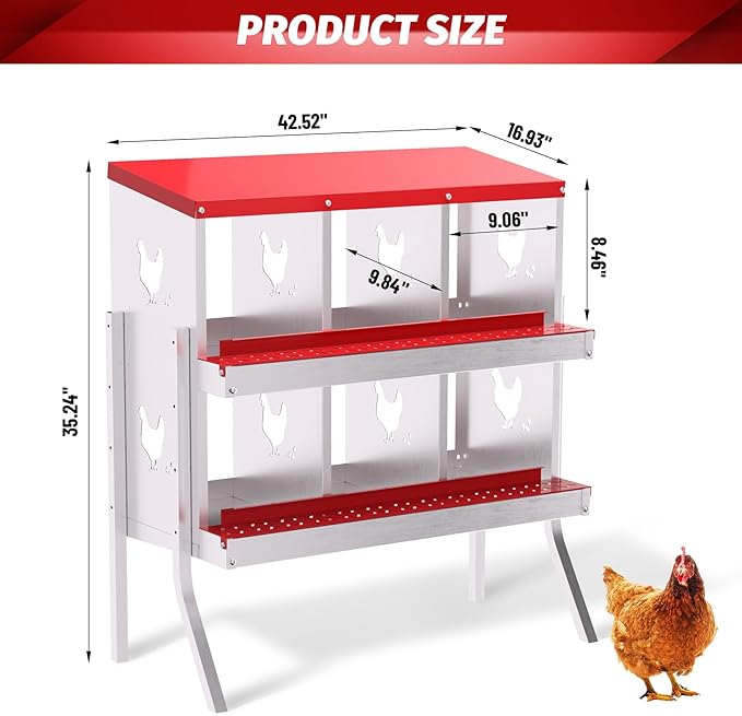 Chicken Nesting Boxes, 6-Compartment Metal Egg Laying Box with Swing Perch and Secure Lid – Versatile Wall Mount or Free Standing Suitable for Various Chicken Breeds - red with Leg