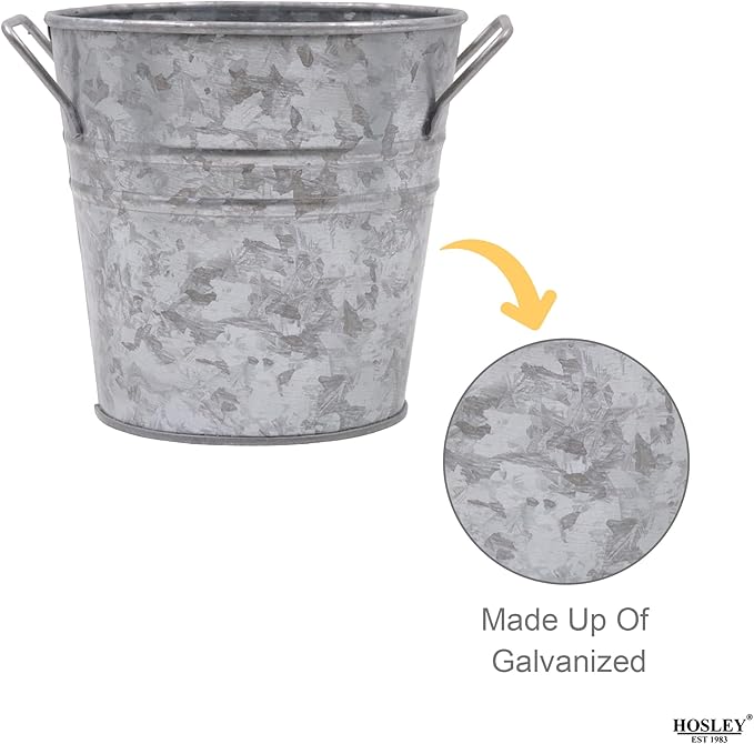 Hosley Set of 3 Galvanized Acid Wash Finish Bucket/Pots with PVC Liner 5" Dia x 5" H, Ideal Gift for Floral Arrangements Wedding Home Office Party DIY Indoor Outdoor Garden Patio