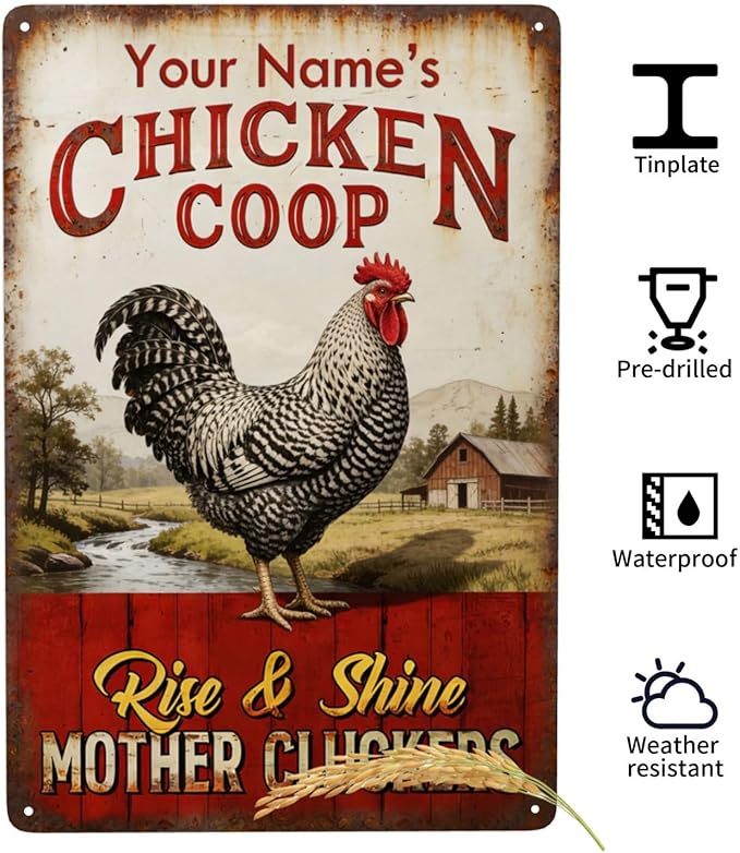 Personalized Chicken Coop Sign Custom Name Rise And Shine Vintage Rooster Metal Tin Wall Art Rustic Farmhouse Decor for Barn Backyard Funny Gift