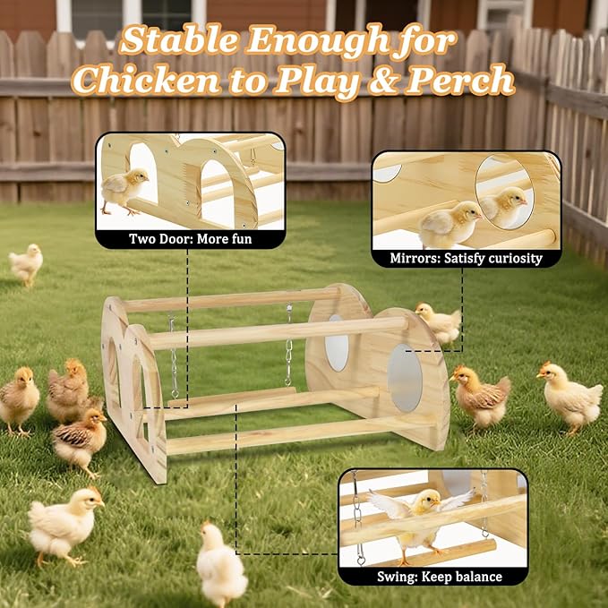 Chicken Perch - Chicken Roosting Perch with Natural Solid Wood, Hand-Polished Freestanding Design for Birds, Chicks & Parrots | Chicken Perch for Coop Accessories(Medium, Swing & Mirror)