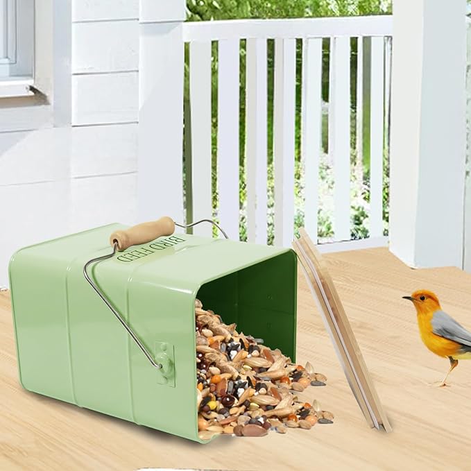 Morezi Bird treat and food storage tin with wooden lid and scoop included - green powder - carbon steel - birds food bin - pet food container storage canister