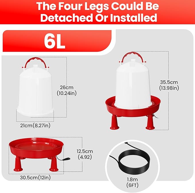 3/6 L Heated Chicken Waterer for Winter Auto-Fill Chicken Water Heater with Leg Support,35W BPA-Free Heating Poultry Waterer No Waste Heated Watering System for Chicken Coop (6L)