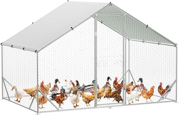 Garvee Large Chicken Coop, Metal Chicken Coop with Anti-Ultraviolet Waterproof Cover, Spire Roof Walk in Poultry Cage, for Backyard and Farm Use, 9.8 ft x 6.5 ft x 6.5 ft