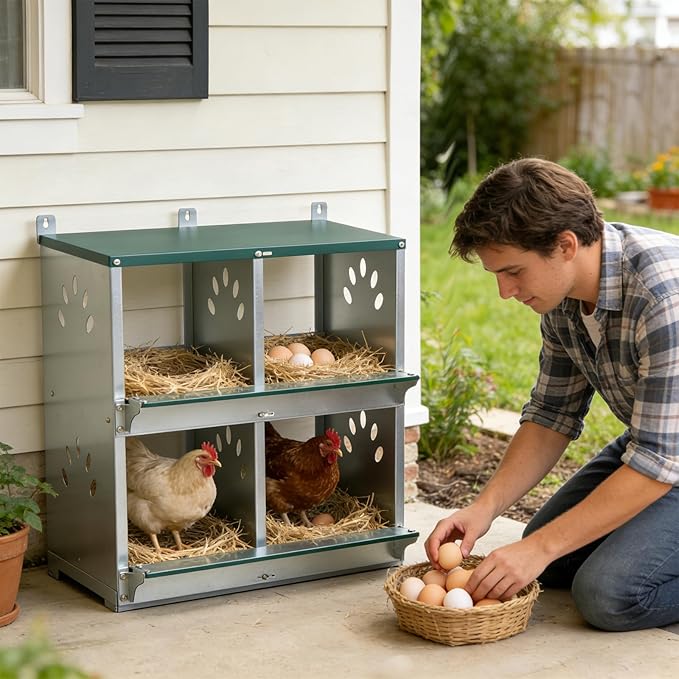 4 Compartment Metal Chicken Nesting Box, Roll Out Hen Laying Box for Easy Egg Collection, Wall Mount Poultry Nest Box for Backyard Chickens, Green, 22.05" L x 16.92" W x 25.59" H