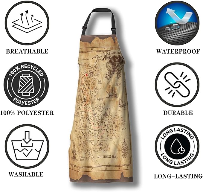 Baking Apron for Women Pirate Treasure Map Fun Aprons for Men for Kitchen Cooking Restaurant BBQ Painting Crafting 27” (W) x 31” (H), Waterproof Aprons