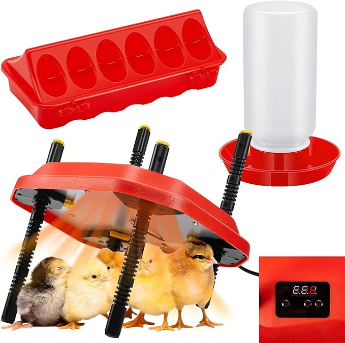 Chick Heating Plate 10x10 Inch, 13W Adjustable Brooder Heater Set with Chick Feeder & Waterer, Safe Low Watt Warming Plate with Adjustable Height for Chicks, Quail & Duck